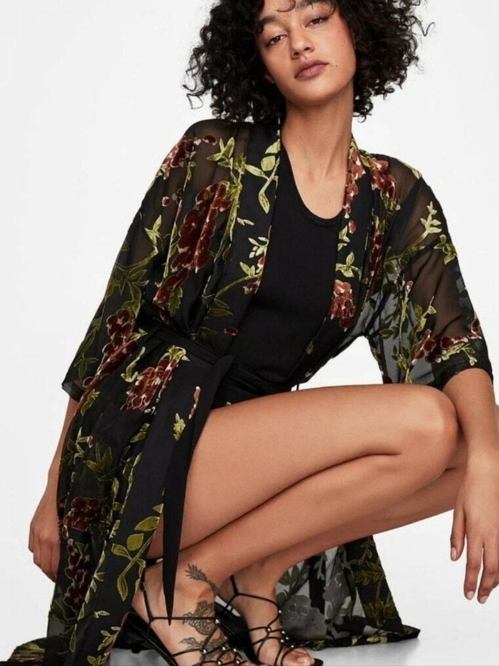 Zara Floral Sheer Kimono Robe With Pockets - Black with Olive & Brown - Size M